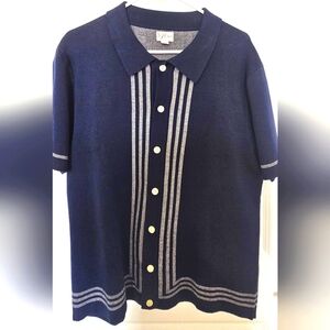 J.Crew Mens Short-Sleeve Cotton Cardigan Sweater-Polo. Navy and white, Large.